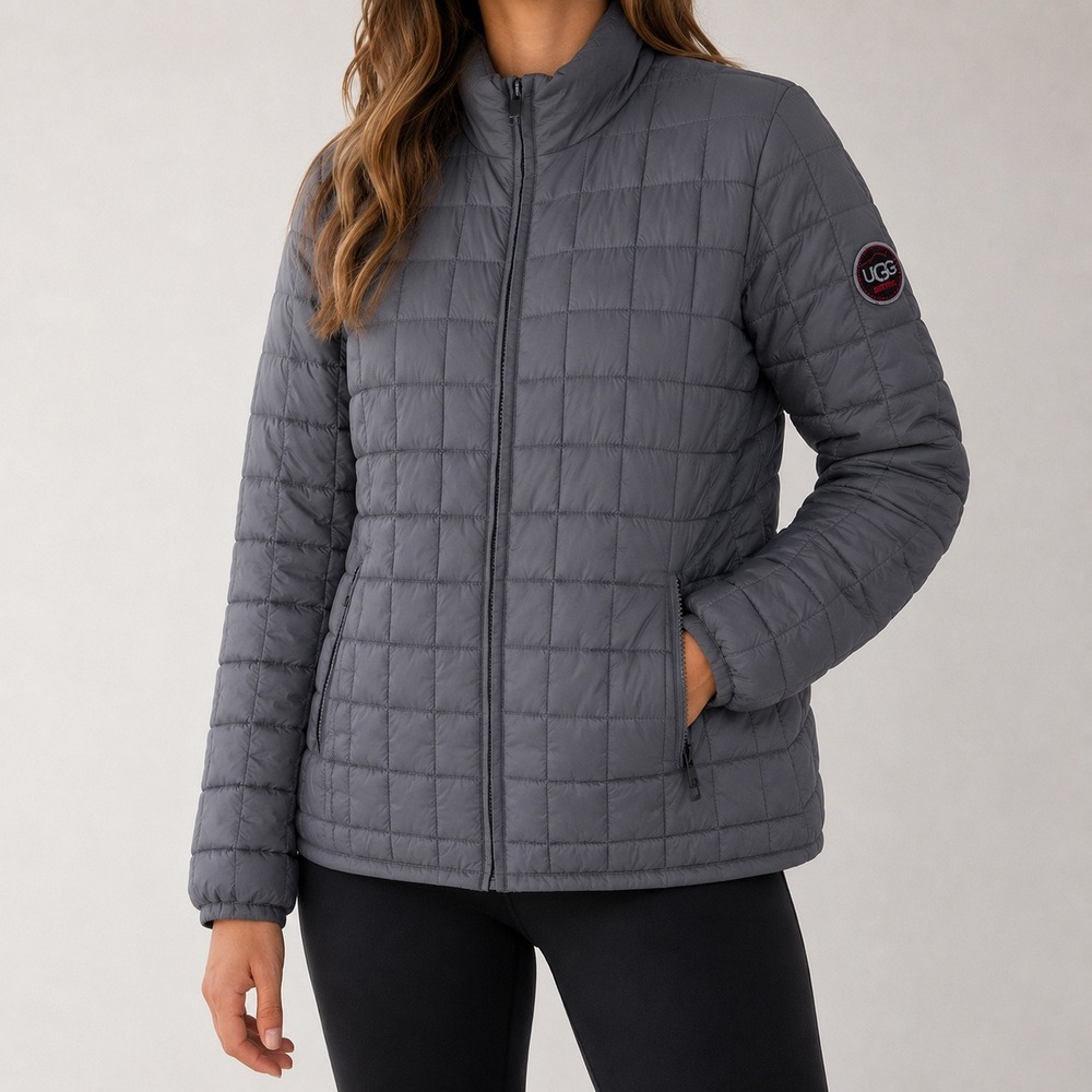 UGG Puffer Jacket Women Sz L Gray Quilted Zip Up Logo Patch Packable Designer